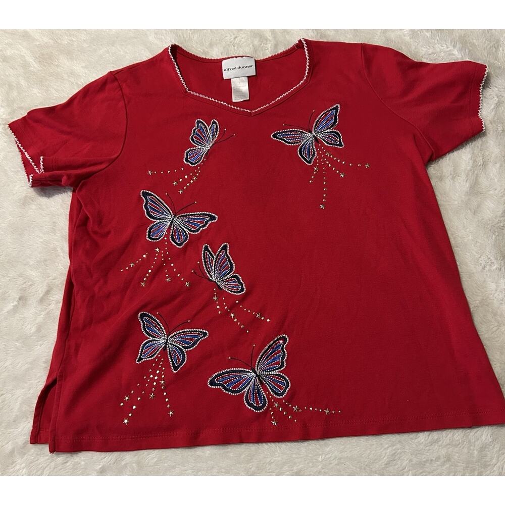 Alfred Dunner Womens Medium Off Red Studded Butterflies Top